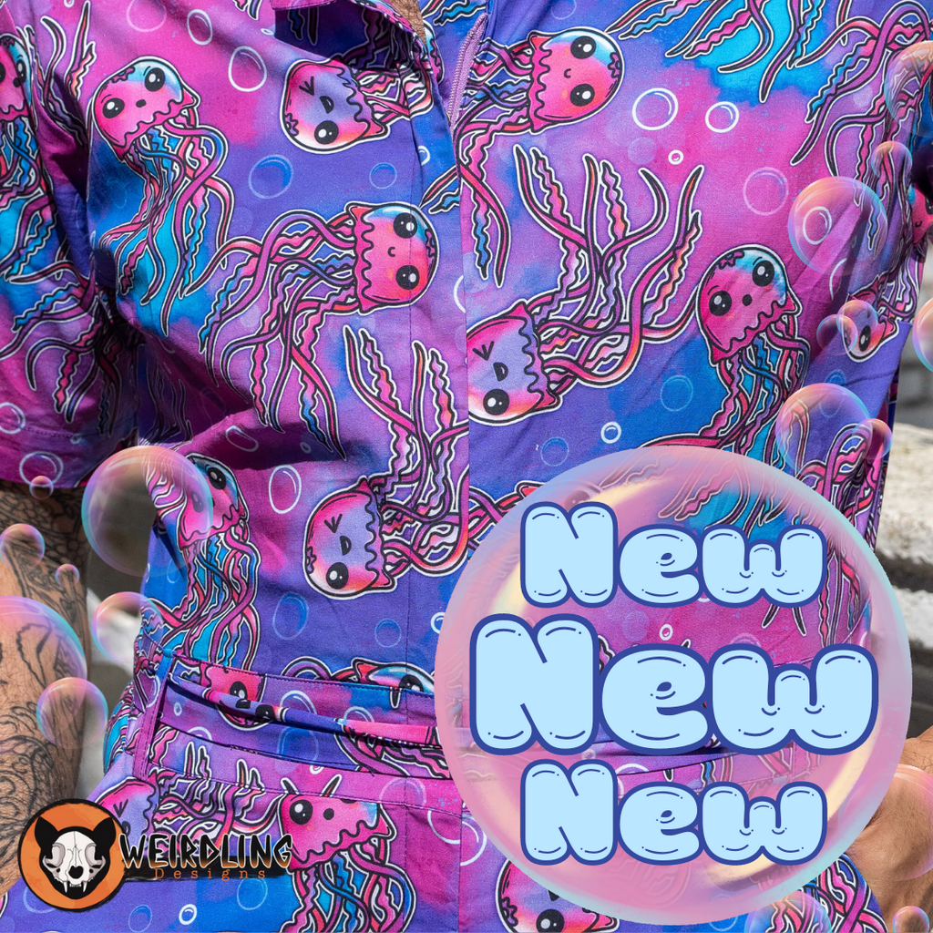 close-up of vibrant jellyfish jumpsuit by Run & Fly, a pink and purple cartoon jellyfish design, "New New New" collection by the ethical slow fashion brand.